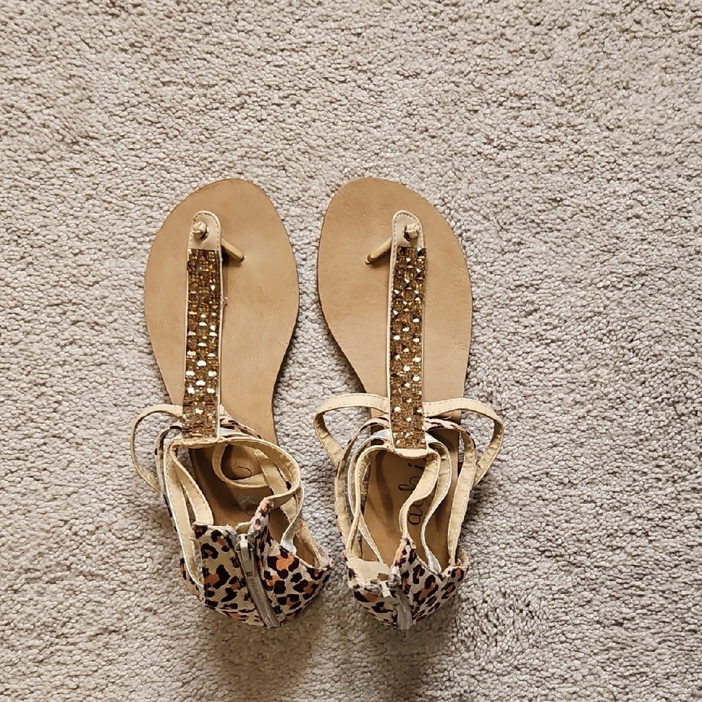 Gold T-Strap Sandals with Leopard Print Heel